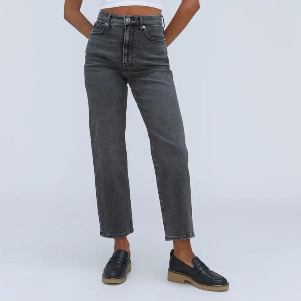 Everlane Dark Wash Straight Leg Lightly Distressed Mid Rise Jeans Sz 28